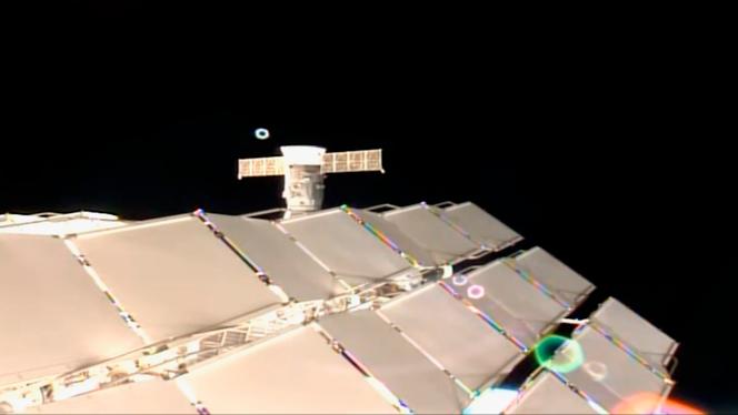This screen grab from a NASA feed shows a Russian science lab at the International Space Station, Monday, Oct. 9, 2023.