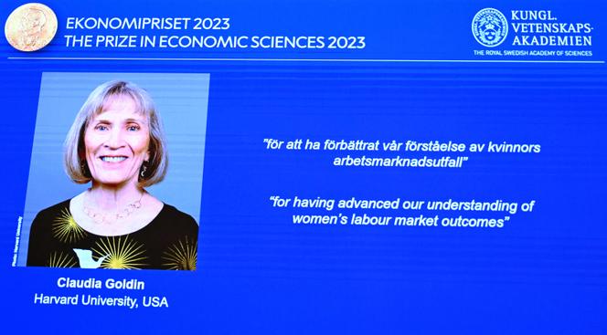 The winner of the 2023 Prize in Economics American economist Claudia Goldin is seen on a display at the Royal Swedish Academy of Sciences, in Stockholm on October 9, 2023. 