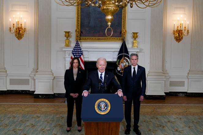 US Vice President Kamala Harris, President Joe Biden and Secretary of State Antony Blinken, at the White House, October 10, 2023.