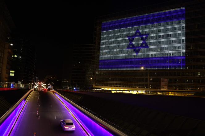 The Israeli flag, projected onto the facade of the European Commission headquarters in Brussels, on October 8, 2023.