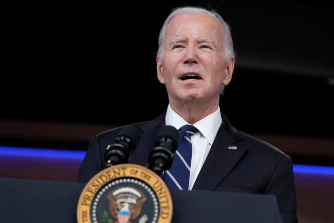 President Joe Biden speaks in the South Court Auditorium on the White House complex in Washington, Tuesday, October 10, 2023, during a virtual meeting with the US Fire Administrator's Summit on Fire Prevention & Control.