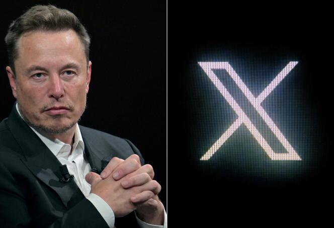 Elon Musk and the logo of the old Twitter messaging service, renamed X by its new owner, at the Vivatech show in Paris on June 16, 2023.