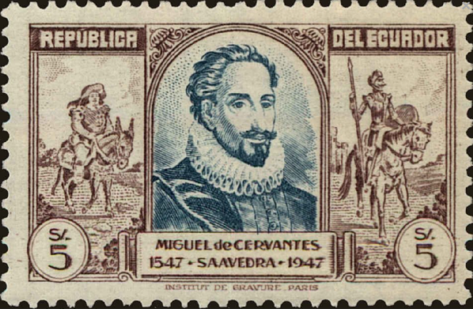 Cervantès, sur un timbre émis par l’Equateur, dans une série de 10 valeurs (1949).