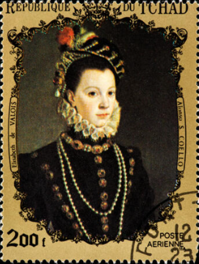 Elisabeth de Valois (Isabelle de Valois), timbre du Tchad. Reine d’Espagne (1545-1568), épouse de Philippe II.