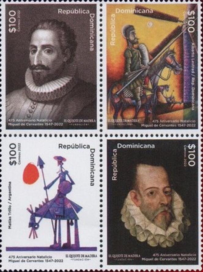 Série parue en République dominicaine en 2016. En bas à droite,  portrait de Cervantès qu’aurait réalisé le peintre don Juan de Jauregui (1583-1641), source incontournable de l’iconographie philatélique.