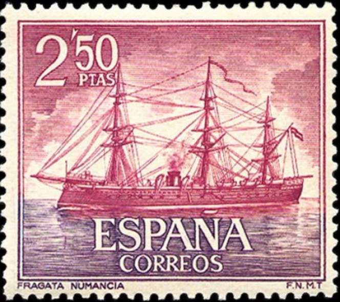 Frégate « Numancia », timbre espagnol de 1964. Nom qui renvoie à l’épisode du siège de la ville par les armées romaines commandées par Scipion l’Africain. « Numance », titre d’une pièce de Cervantès.