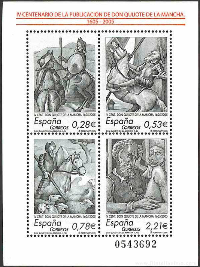 « Le lecteur n’est pas dupe, il sait parfaitement que les moulins ne sont pas des géants, ni les troupeaux de moutons des armées en marche. » Série de timbres espagnols parus en 2005 pour les quatre cents ans de la parution de « Don Quichotte ».