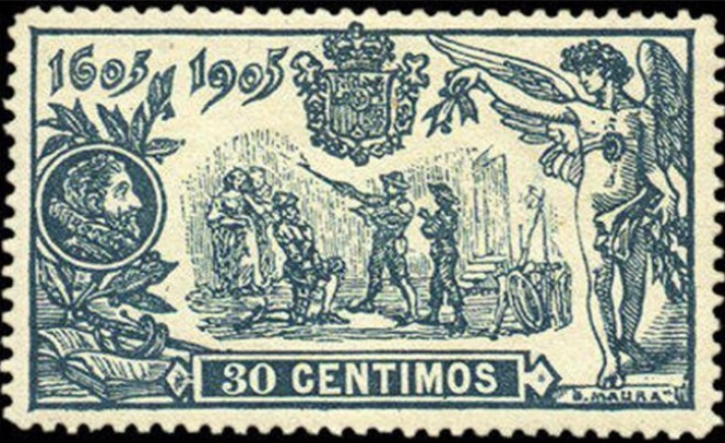 Timbre espagnol de la série de 1905 : don Quichotte est fait chevalier.