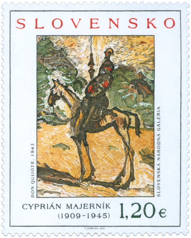 Don Quichotte a inspiré Cyprian Majernik (1909-1945). Timbre de Slovaquie. La Tchécoslovaquie a émis en son temps un timbre inspiré d’un autre tablerau de Majernik représentant le chevalier à la triste figure.