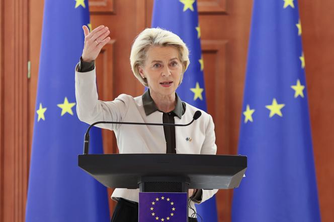 European Commission President Ursula von der Leyen speaks after a meeting with Moldova's President Maia Sandu, in Chisinau, Moldova, Thursday, October 12, 2023.