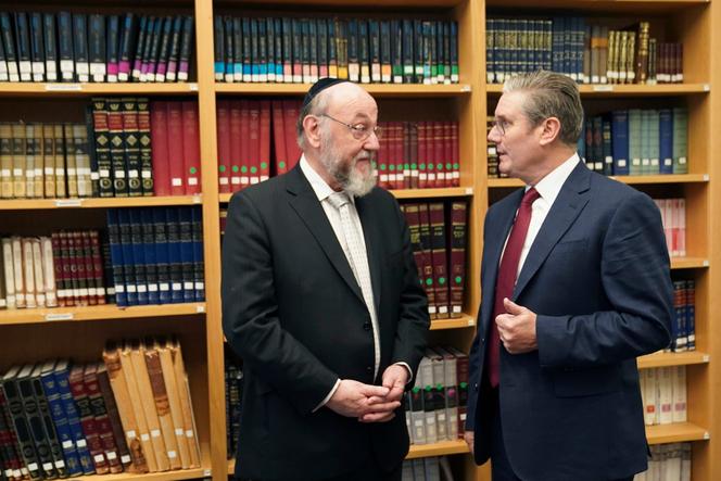 A meeting between British Labour leader Keir Starmer (right) and Chief Rabbi Ephraim Mirvis, at South Hampstead Synagogue, London, Thursday, October 12, 2023.