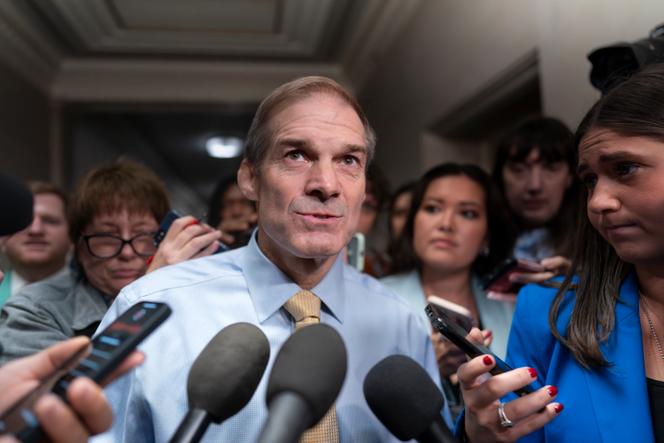 Representative Jim Jordan, chairman of the House Judiciary Committee and a staunch ally of former President Donald Trump, talks with reporters as House Republicans meet again behind closed doors to find a path to elect a new speaker after House Majority Leader Steve Scalise dropped out of the race Thursday night, at the Capitol in Washington, Friday, October 13, 2023.