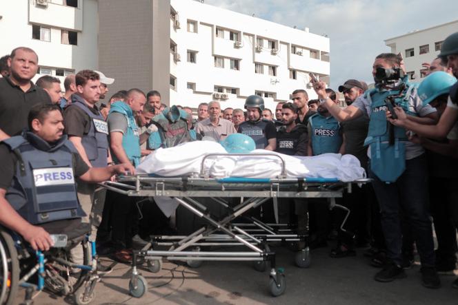 The funeral of journalists Saeed al-Taweel and Mohammed Subh, killed in an Israeli air strike on Gaza City, October 10, 2023.