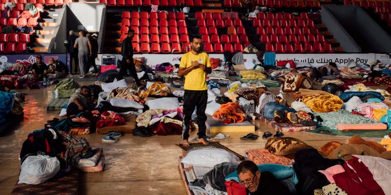 Lucien Lung for Le Monde Gaza workers in Israel, driven out by the Hamas attack of October 7, find refuge in Ramallah, in the El Sariyyeh gymnasium. West Bank, October 12, 2023. Lucien Lung for Le Monde