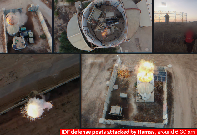 Of IDF defense posts filmed by Hamas, four were targeted by drone-dropped explosive devices. The fifth, top right, was targeted by militiamen on foot.