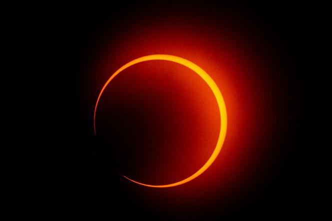 The moon crosses in front of the sun during the annular solar eclipse in Penonome, Panama, on October 14, 2023.