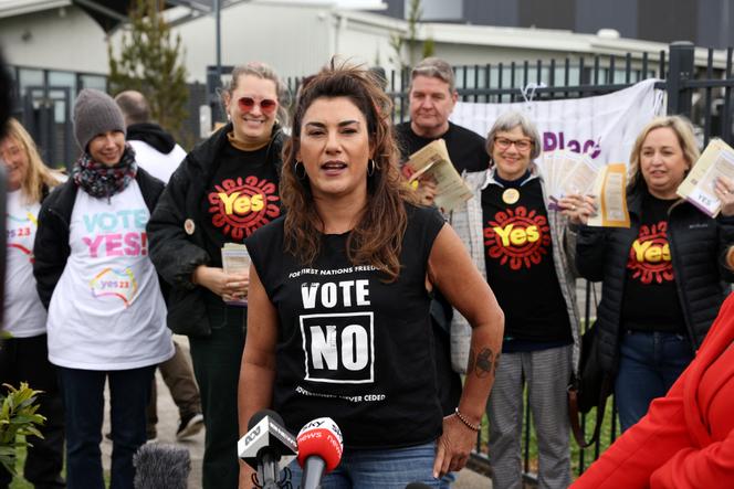 Senator Lidia Thorpe speaks to media outside the voting centre during The Voice referendum at Reservoir in Melbourne, Australia, October 14, 2023.