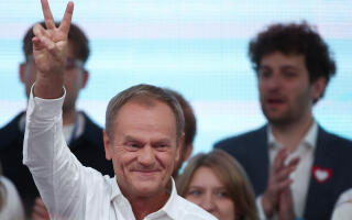 Donald Tusk, leader of the largest opposition grouping Civic Coalition (KO), gestures after the exit poll results are announced in Warsaw, Poland, October 15, 2023. REUTERS/Kacper Pempel