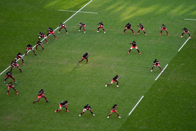 Fiji players perform The Cibi before the Rugby World Cup quarterfinal match between England and Fiji at the Stade Vélodrome in Marseille, on October 15, 2023.