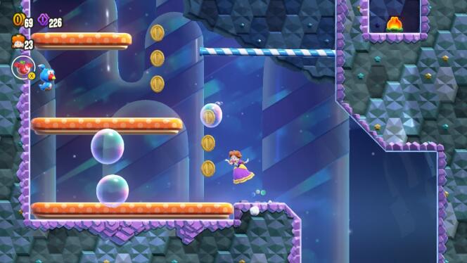 Les bulles permettent à Mario et ses amis de vaincre des ennemis à distance, mais peuvent également servir de plates-formes rebondissantes à usage unique. 