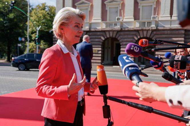 European Commission President Ursula Von der Leyen speaks to the press during the Berlin Process Leaders' Summit in Tirana on October 16, 2023.