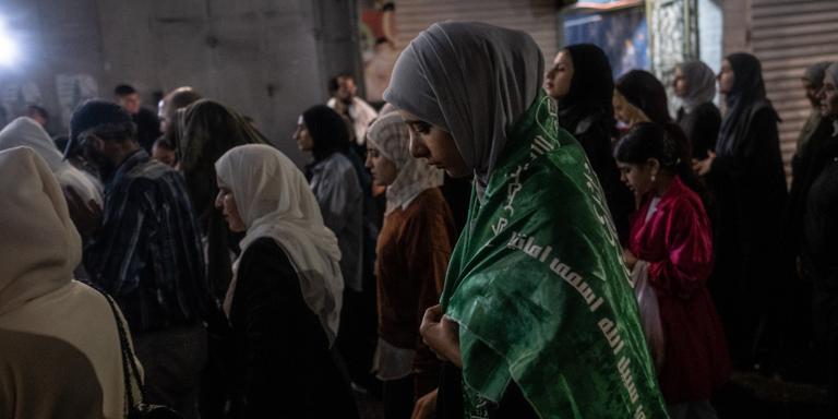 VIRGINIE NGUYEN HOANG FOR LE MONDE RAMALLAH, West Bank: on October 15, 2023, around a hundred Palestinians demonstrated in the streets of Ramallah in support of the people of Gaza, also showing their support for Hamas. Virginie Nguyen Hoang for Le Monde