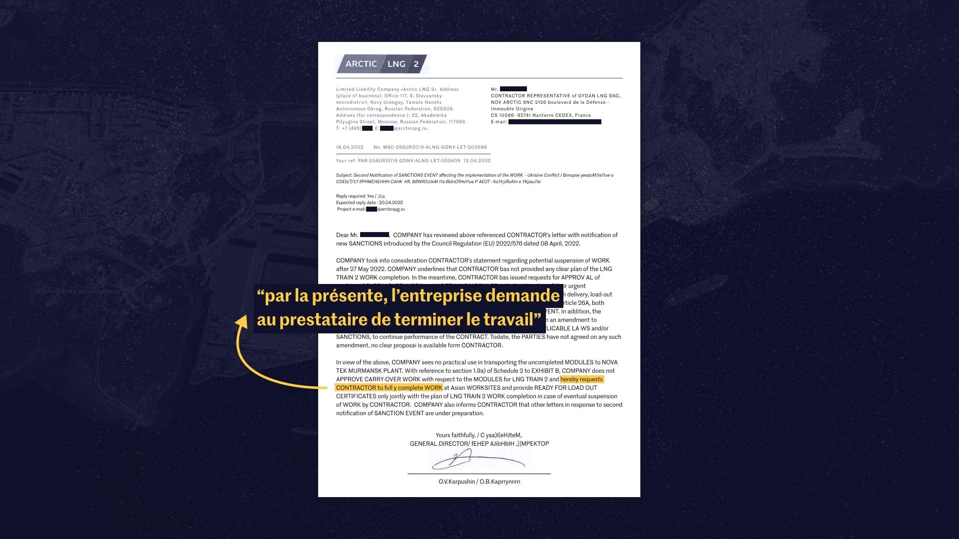 Courrier d’Oleg Karpushin, dirigeant d’Arctic LNG 2, à Technip en avril 2022.