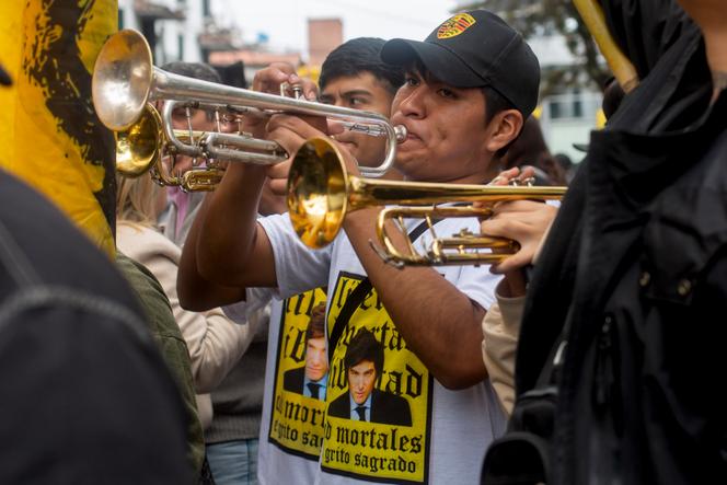 Supporters of Liberty Advances candidate Javier Milei outside the hotel where he arrived in Salta (Argentina), October 12, 2023.