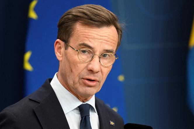 Swedish Prime Minister Ulf Kristersson, at a press conference in Stockholm on October 17, 2023, organized after the attack on supporters of the Swedish national team in Brussels the previous day.