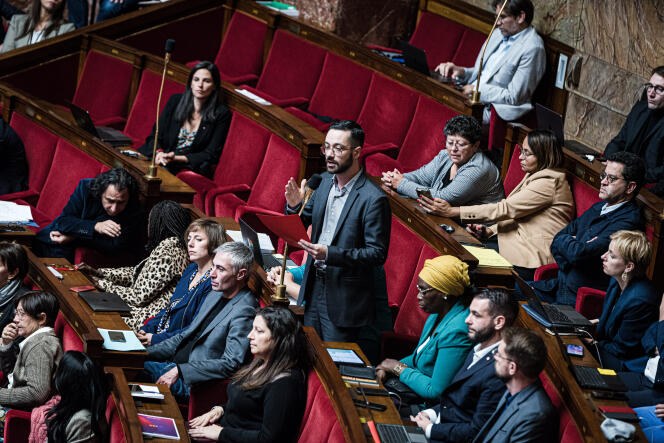 El diputado del LFI, David Guiraud, habla durante la sesión de preguntas sobre el gobierno en la Asamblea Nacional, en París, el 17 de octubre de 2023.