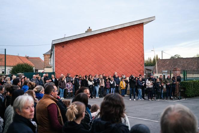 During the tribute to Dominique Bernard, in the village school of Berneville on October 16, 2023.