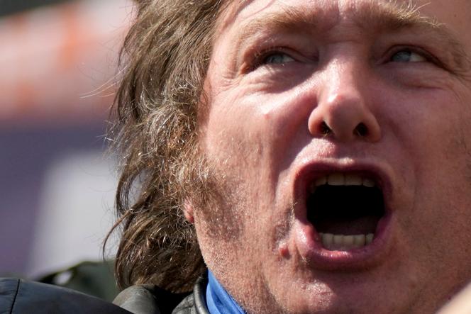 Argentine presidential candidate Javier Milei, of the Liberty Advances coalition, holds an election rally in Lomas de Zamora, Argentina, on Monday, October 16, 2023.