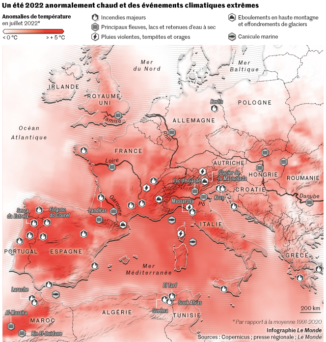 ChatGPT lit cette carte comme ceci : « Le réchauffement climatique en France durant l’été 2022 est illustré par des nuances de rouge. Les zones les plus foncées représentent les régions où les anomalies de température sont les plus élevées. (…) Une grande partie du sud de la France. La région centrale autour de la rivière Loire. Quelques zones dans le nord-est de la France. »