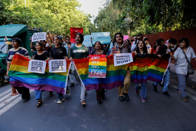 Manifestation en faveur de la légalisation du mariage entre personnes de même sexe, le 18 octobre 2023 à New Delhi.