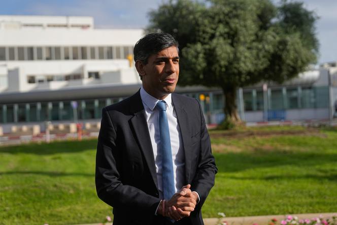 British Prime Minister Rishi Sunak speaks to the media as he arrives at Ben Gurion airport, near Tel Aviv, Israel, Thursday, Oct. 19, 2023. 