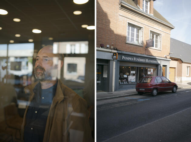 A gauche, François Hannedouche, 55 ans, aux pompes funèbres d’Abbeville (Somme), le 10 octobre 2023. A droite, la boutique des pompes funèbres Hannedouche à Eu (Seine-Maritime), le 9 octobre 2023. 