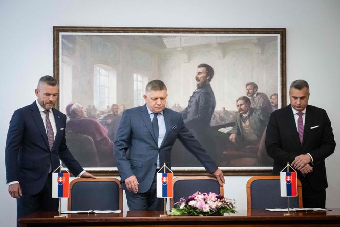 From left to right, Peter Pellegrini, president of the Slovakian HLAS party; future prime minister Robert Fico; and president of the far-right SNS party Andrej Danko at the signing of the coalition agreement in Bratislava on October 11, 2023.