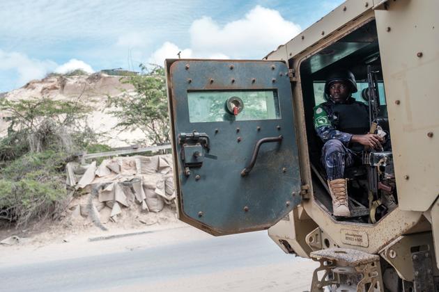 Members of ATMIS, the African Union Transition Mission in Somalia, patrol Mogadishu, October 17, 2023.