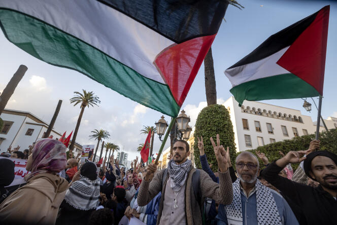Rassemblement  en soutien aux Palestiniens de la bande de Gaza, à Rabat, le 20 octobre 2023.