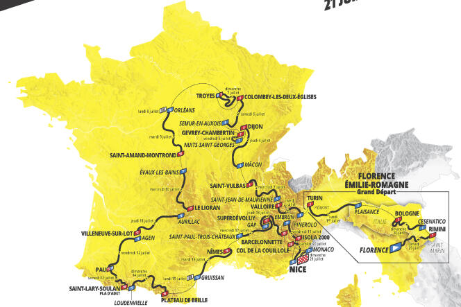 This photo provided by the Tour de France organizer ASO (Amaury Sport Organisation) shows the roadmap of the men's 2024 Tour de France cycling race.
