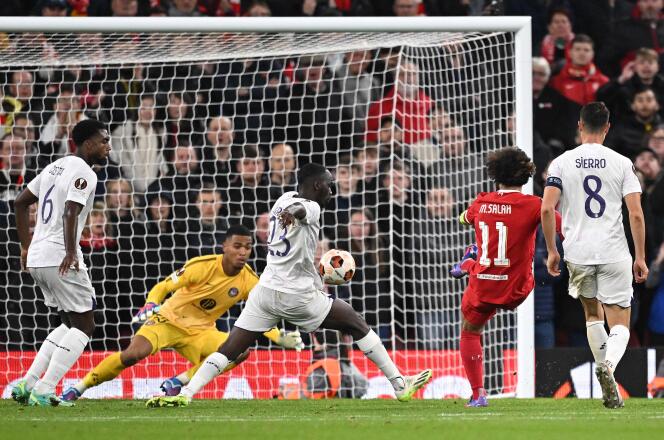 The Reds' fifth goal, scored by Mohamed Salah, on October 26, 2023, at Anfield stadium, Liverpool.