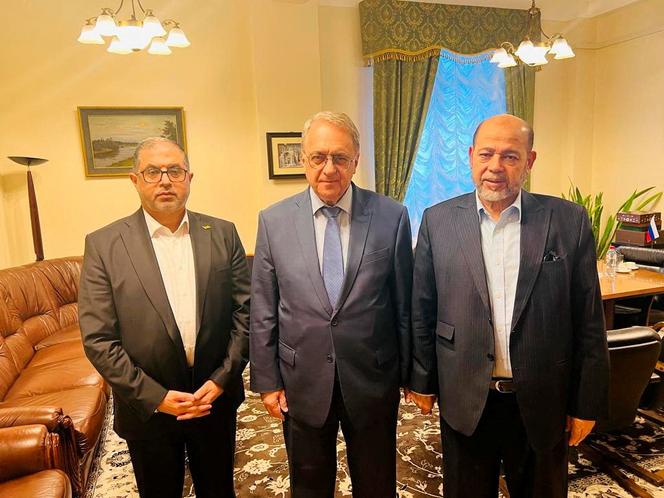 Hamas leaders Bassem Naim and Moussa Abu Marzouk with Russian Deputy Foreign Minister Mikhail Bogdanov in Moscow on October 26, 2023. Photo courtesy of Hamas.