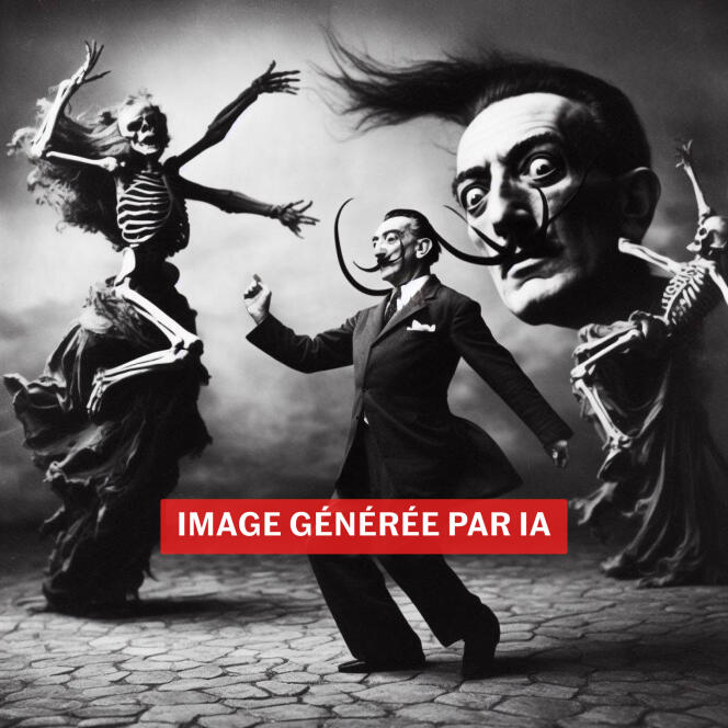 Prompt soumis à DALL-E 3 : « photo de Salvador Dali, avec sa moustache immense, qui danse avec la mort ».