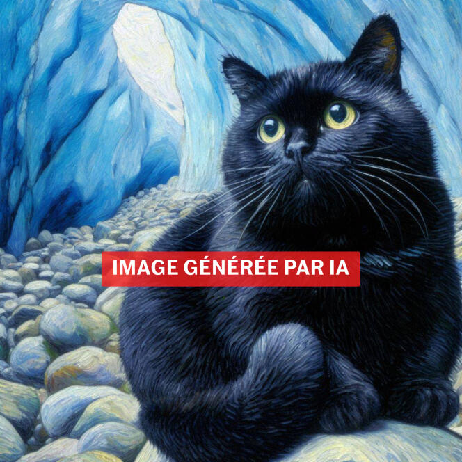 Prompt soumis à DALL-E 3 : « un chat de gouttière noir un peu gros dans la grotte de glace du mont Blanc dans le style de Van Gogh ».
