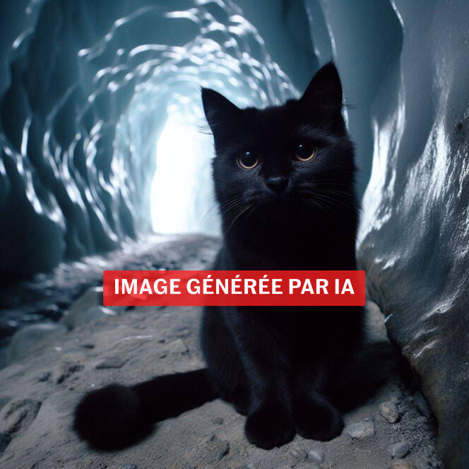 Prompt soumis à DALL-E 3 : « un chat de gouttière noir un peu gros dans la grotte de glace du mont Blanc ».