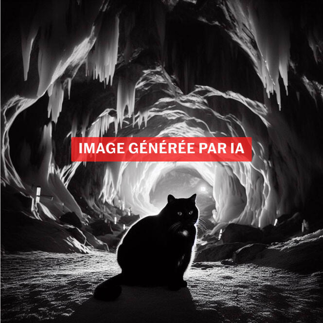 Prompt soumis à DALL-E 3 : « un chat de gouttière noir un peu gros dans la grotte de glace du mont Blanc photographié au moyen format argentique noir et blanc avec la lumière rasante de projecteurs latéraux ».
