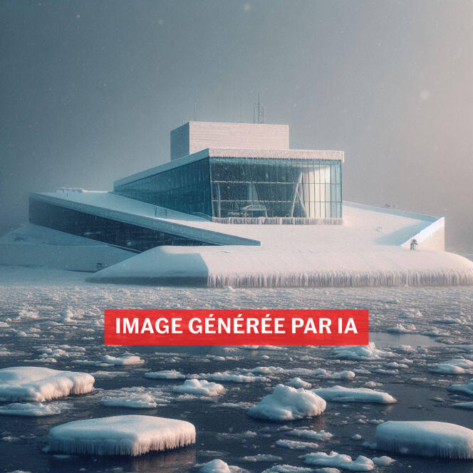 Prompt soumis à DALL-E 3 : « l’opéra d’Oslo enneigé vu depuis la mer glacée ».
