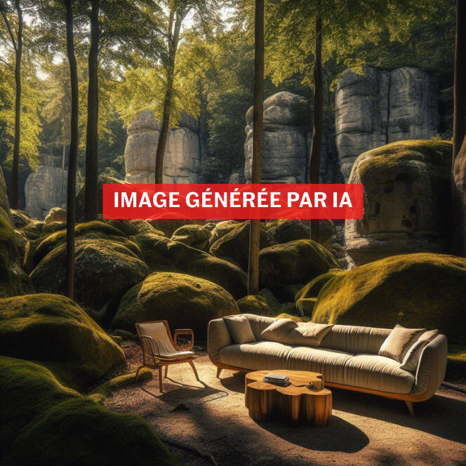 Prompt soumis à DALL-E 3 : « un canapé moderne confortable au milieu des gros rocs de la forêt de Fontainebleau ».