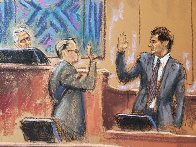 FTX founder Sam Bankman-Fried is sworn in as he testifies in his fraud trial over the collapse of the bankrupt cryptocurrency exchange, at federal court in New York City, U.S., October 27, 2023 in this courtroom sketch.