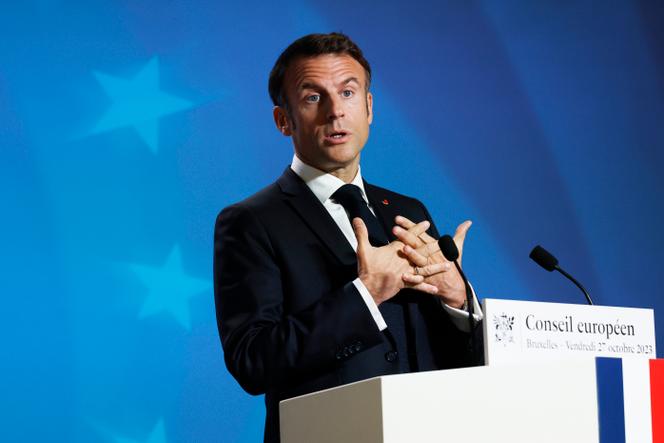 French President Emmanuel Macron speaks during a media conference at an EU summit in Brussels, Friday, October 27, 2023.